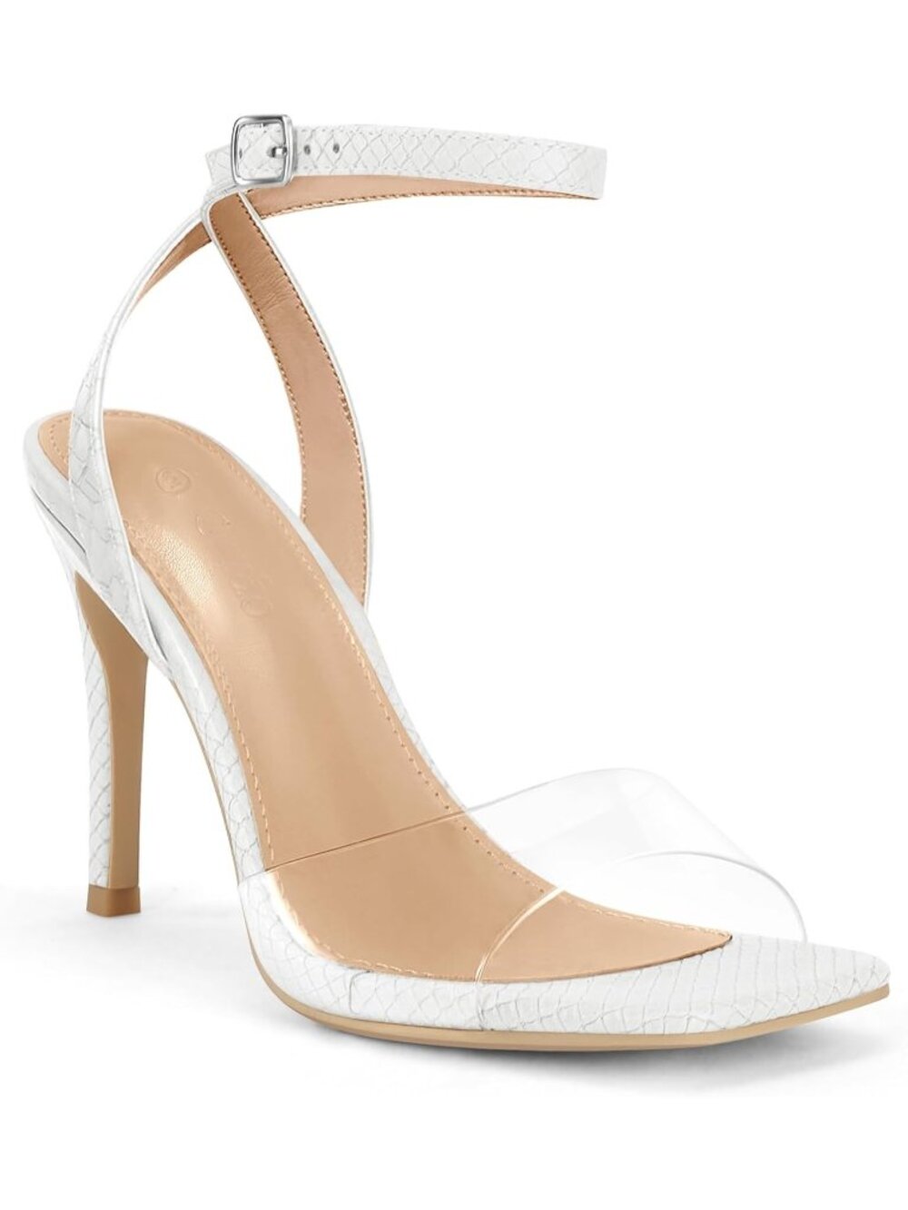 Women's White Clear Heels Sandals Square Toe Ankle Strap High Heeled Stiletto